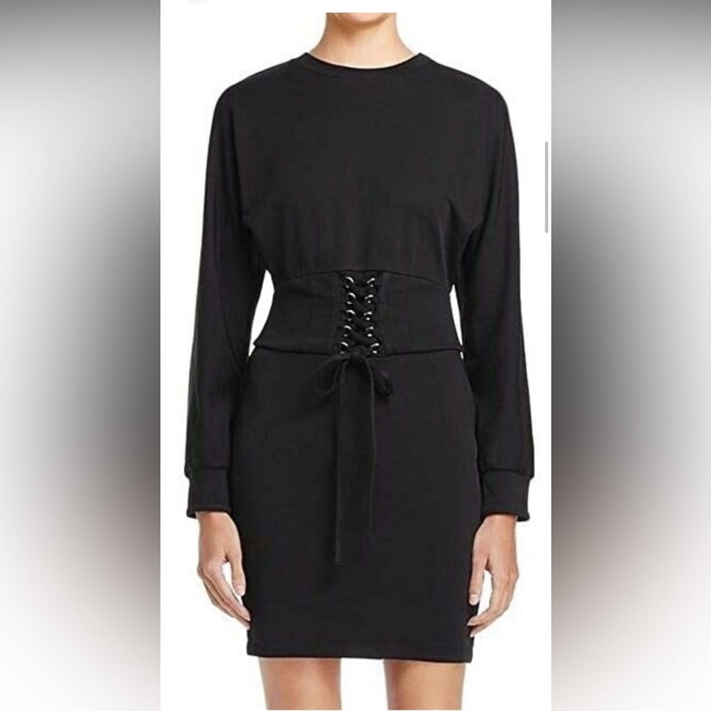 Bardot Long Sleeve Corset Front Mini Dress Black Size 8